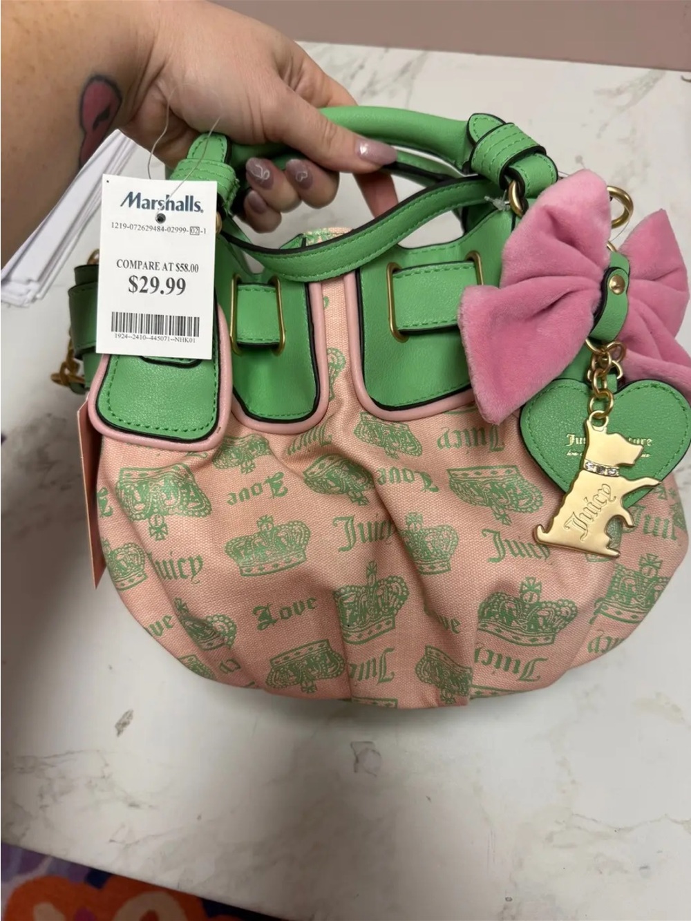Juicy Couture Pink Canvas Mini Bag with Green Trim & Bow Charm